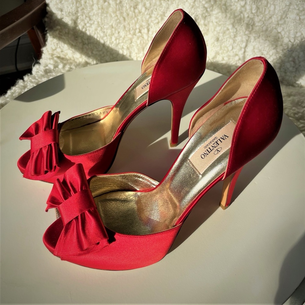 Valentino Red Satin Bow Platform Pumps